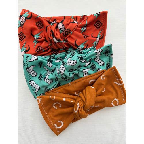 Western Head wraps, Baby Turban, Bow, Hand-tied, chunky Bows, Handmade, Stretch, Accessory, Adjustable Headbands, Horseshoe, Southwest