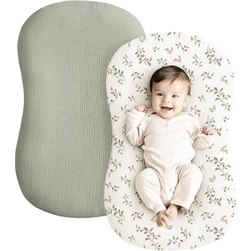 Konssy Muslin Baby Lounger Cover 2 Pack, 100% Cotton Newborn Lounger Cover, Soft and Breathable Lounger Slipcover for Boys Girls, Covers Only (Rabbit,Fog Green)