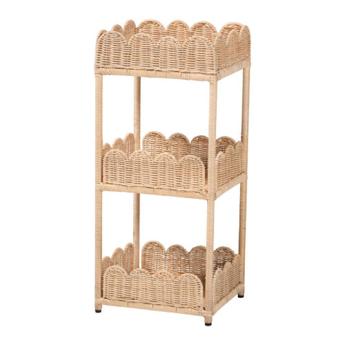 East Urban Home Bali & Pari Brooks Natural Rattan 3-Tier Storage Shelf – Handwoven Wicker Display Stand With Scalloped Borders, Coastal Boho Accent Furniture | Wayfair