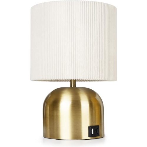 Table Lamp for Bedroom, Bedside Lamps for Nightstand, Minimalist Night Stand Light Lamp with Type-C and USB Ports, Modern Desk Table Lamp for Bedroom, Living Room, Dining Room, Office (Gold)
