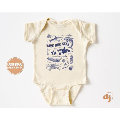 Baby Bodysuit - Save Our Seas Bodysuit - Cute Retro Ocean Life Baby Retro Natural Baby Bodysuit #6511