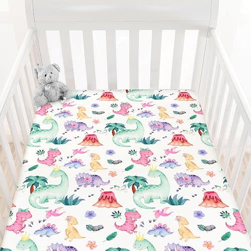 HawSkgFub Watercolor Pink Purple Dinosaur Fitted Standard Crib Sheet for Baby Girl, Tropical Dino Lover Toddler Mattress Cover, Soft Breathable Stretchy Nursery Bed Sheets Decor Kids Gift 52" x 28"
