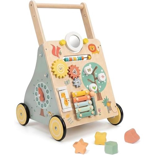Wooden Baby Walker, Multiple Learning Activities Center Develops Motor Skills for Infant to Toddler, Push and Pull Walkers with Wheel for Boys Girls