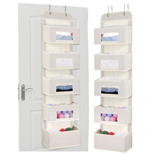 MAX Houser 5-Shelf Over The Door Hanging Organizer with 2 Metal Hooks, 5 Pocket Over The Door Wall Mount Storage with Clear Windows for Baby Nursery Bathroom Closet,Bedroom,Dorm,Diapers,Kids(Beige)
