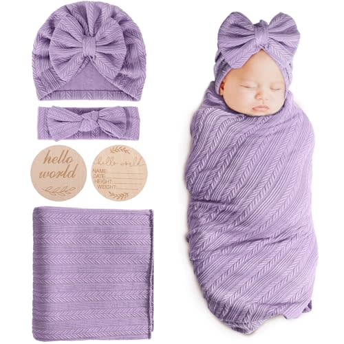 DRESHOW BQUBO Baby Swaddle Blankets for Girls, 4PCS Newborn Accessories Set with Matching Hat and Bow Headband with Hello World Wooden Birth Announcement Card, Baby Blankets for Girls (Purple)