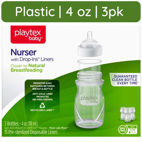 Playtex Baby Nurser Clear Anti-Colic Baby Bottle 3 Pack Each, 4 oz with 15 Drop-ins Liners