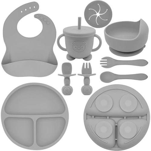 Silicone Baby Feeding Set | Baby Led Weaning Supplies Includes Suction Bowls and Divided Plates, Adjustable Bib, Baby Utensils Spoons and Forks,Cup | Baby Feeding Essentials (Red)
