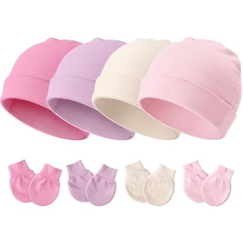 DRESHOW BQUBO Baby Newborn Hats with Scratch Mittens for Unisex Preemie Newborn Hats Hospital Hat for Boys Girls 0-6 Months