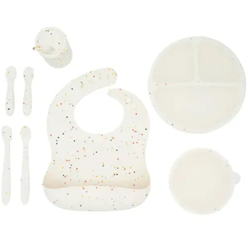 WeeSprout Baby Led Weaning Bundle, Silicone Suction Bowl, Spoons, Bib & Cup, Develops Self Feeding Skills, Dishwasher Safe (Confetti)