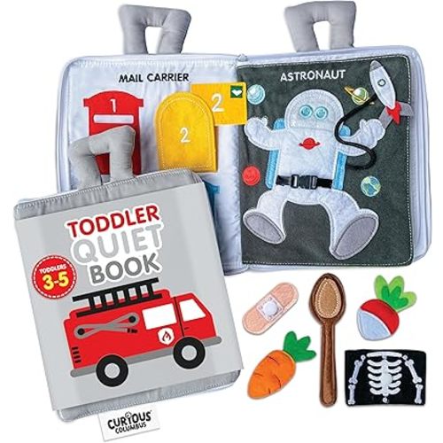 Curious Columbus Quiet Book Fabric Busy Book for Toddlers 3-5 - Airplane Toddler Travel Toys for Kids - Montessori Toy Preschool Activity Books - Fun and Educational for Toddlers