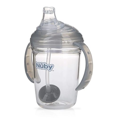 Nuby Twin Handle 360 Grip N' Sip 8oz Tritan Cup with Hygienic Cover, Grey,1 Count (Pack of 1) - Gray