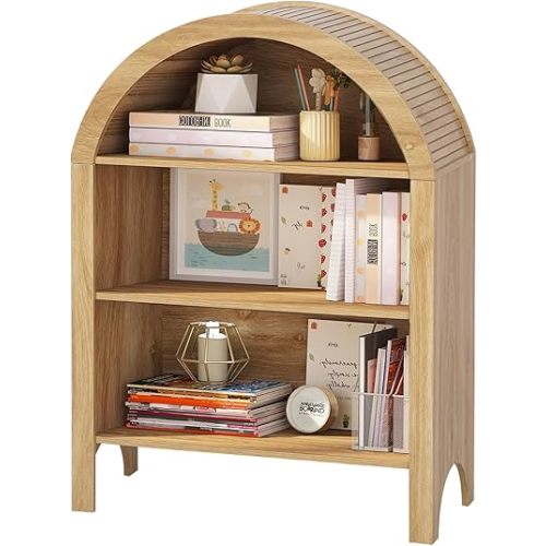 Freestanding Arched Bookcase, Modern 3-Tier Open Bookshelf, Low Short Bookshelf with Adjustable Shelves, Arched Storage Display Cabinet Organizer for Office, Living Room (Natural,1pcs)