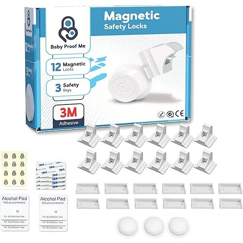 Pack of 12 Magnetic Baby Cabinet Locks for Child Safety with 3 Keys, 3M Adhesive Easy Installation, Baby Proofing Magnetic Locks for Cabinets and Drawers