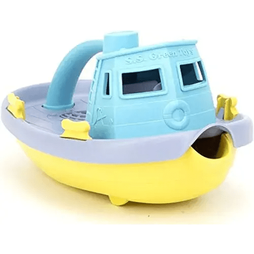 Green Toys Tugboat, Grey/Yellow/Turquoise Assorted - Pretend Play, Motor Skills, Kids Bath Toy Floating Pouring Vehicle. No BPA, phthalates, PVC. Dishwasher Safe, Recycled Plastic, Made in USA.