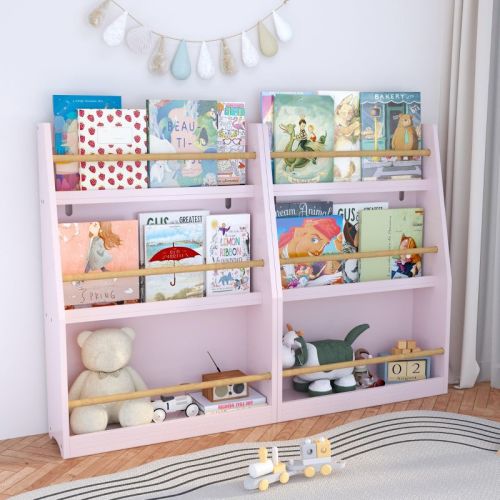 3-Tier Wooden Kids Bookshelf, Pink Book Rack & Toy Organizer, Book Display Stand for Nursery, Playroom, Classroom, or Living Room,Pink