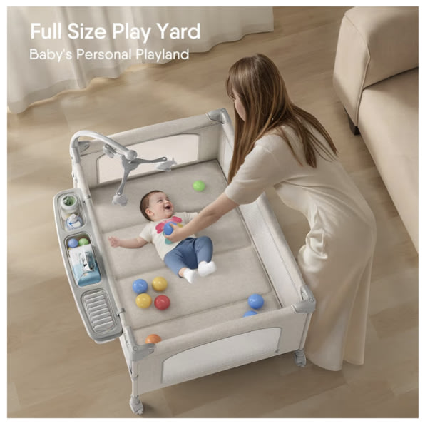 4 in 1 Baby Bassinet, Pack and Play, Bedside Crib Sleeper, Diaper Changer, Quickly Assembled and Folded Portable Crib with Mattress and Mosquito Net, Easy to Carry