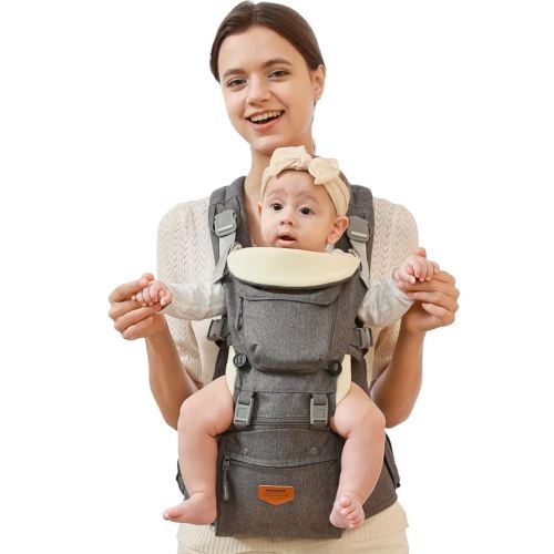 SUNVENO 3 in 1 Ergonomic Baby Carrier with Hip Seat for Newborns and Toddlers, Supports 20 lbs and Up, Waist and Back Relief with Large Weight Capacity for All Season Use, Grey