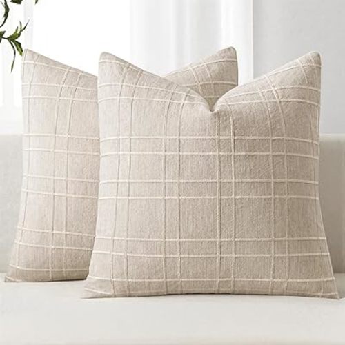 MIULEE Decorative Linen Check Throw Pillow Covers Neutral Farmhouse Vintage Christmas Pillow Covers 20x20 Set of 2 Boho Modern Home Decor for Sofa Couch Bedroom Cushion Natural Beige