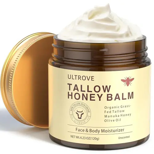 Beef Tallow and Honey Balm for Skin, Natural Face + Body Moisturizer with Organic Grass-Fed Beef Tallow & Raw Wild Honey for Dry & Sensitive Skin, 4.23oz