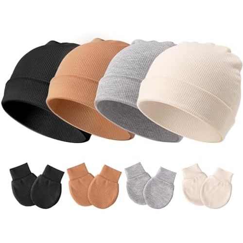 DRESHOW BQUBO Baby Newborn Hats with Scratch Mittens for Unisex Preemie Newborn Hats Hospital Hat for Boys Girls 0-6 Months