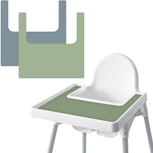 High Chair Placemat for IKEA Antilop Baby High Chair, 2 Packs Stain Resistant Non-Slip Toddler Silicone High Chair Place Mats Eating Table Mat (Sage/Ether)