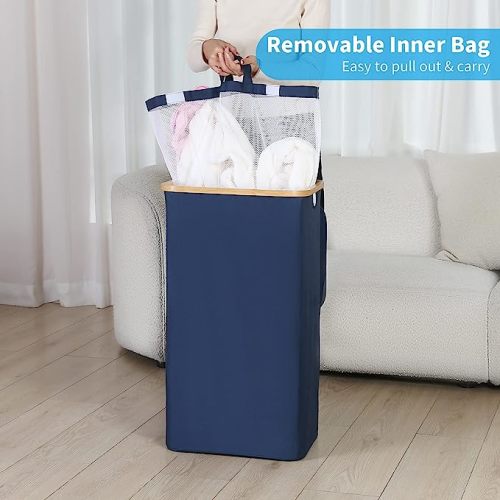 efluky Large Laundry Hamper with Lid, 100L Tall Laundry Basket with Bamboo Handles for Clothes and Toys, Freestanding Collapsible Laundry Hamper with Inner Bag for Bedroom and Bathroom, Blue