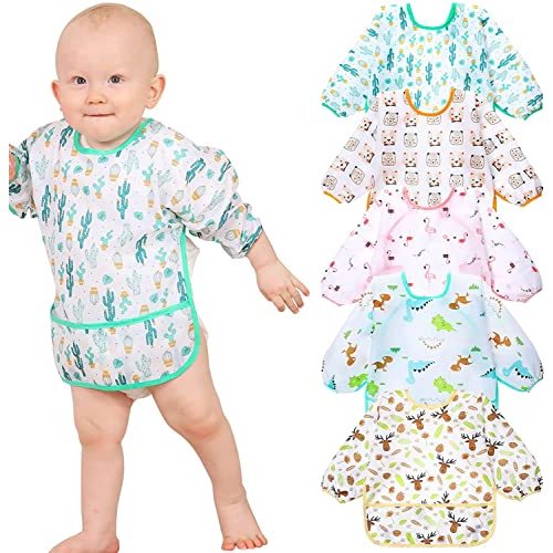 Lictin Long Sleeve Bibs 5 Pack - Baby Bibs for Girl or Boy, 0-24 Months Neutral Baby Smock for Eating, Reusable Infant for Feeding Teething or Weaning