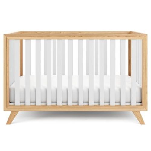 Comfy Cubs Baby Crib for 0 to 3 Years - Adjustable Mattress Height - 80 lbs Capacity Nursery Bed - White Bars and Natural Wood Frame and Legs