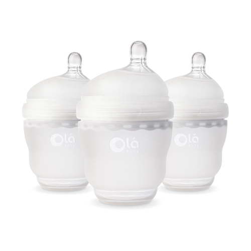 Olababy Gentle Silicone Baby Bottle, Anti-Colic, BPA free, Easy to Clean and Wide Neck Baby Bottles Best for Breast Feeding Babies 3 Piece Set (4 Ounce, Frost)