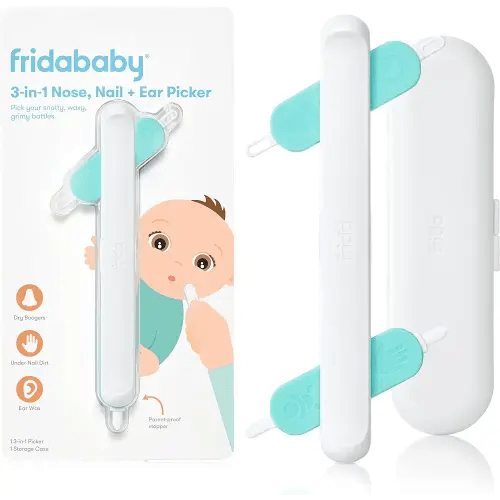 Frida Baby 3-in-1 Nose, Nail + Ear Picker: Baby Ear Cleaner + Baby Nose Cleaner and Nail Tool for Babies + Toddlers, Safely Clean Baby's Boogers, Ear Wax & More
