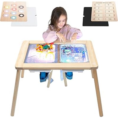 MEKA Sensory Table 6-in-1, Kids Light Table with 2 Sensory Bins 6 Play Panels, Toddler Table Kids Activity Table, Wooden Sensory Table for Toddlers Age 3-5,Multi-Use Light Table for Kids Sensory Table