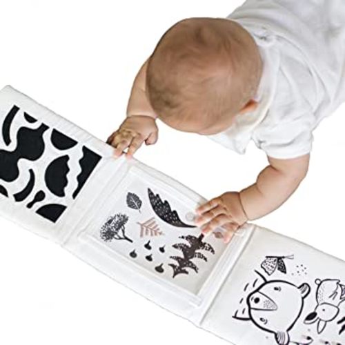 Wee Gallery Tummy Time Gallery - High Contrast Play Mat for Babies, Illustrated Panels, Pockets for Baby Art Cards, Embroidery, Soft Book Style Sensory Toy, Portable, Visual & Motor Skill Development
