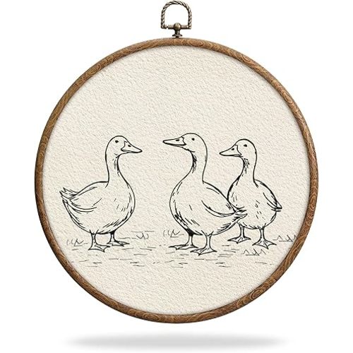 Retro Duck Round Frames for Art, Waterproof Abstract Animal Boho Wall Hanging, Western Country Farm Animal Artwork Decorations with Hook, for Home Bathroom Living Room Bedroom, 09