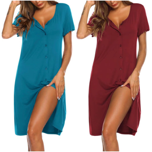 Ekouaer 2 Pack Nightgowns for Women Button Down Night Shirts Short Sleeve Sleep Shirts V Neck Sleepwear Pajama Dress