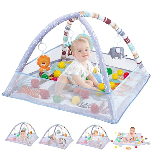 ITEFDTUTNE Baby Play Gym, 9-in 1 Tummy Time Mat with 5 Sensory Toys, Detachable Anti-Slip Thickening Baby Play Mat for Newborn Infant Toddler to Develop Motor & Cognition