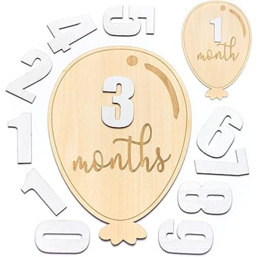 Baby Monthly Milestone Cards - Wooden Monthly Milestone Discs - Newborn Photography Props to Document Your Baby´s Growth - Baby Announcement Sign (Balloon)