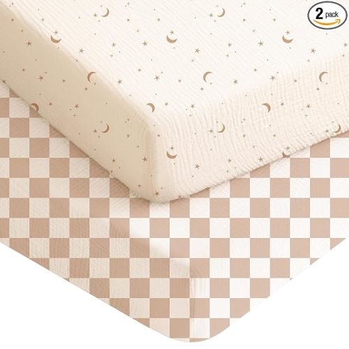 Konssy 2 Pack Muslin Crib Sheets for Baby Boys & Girls, 52" x 28" | Fits Standard Crib Mattress, 100% Cotton, Soft & Breathable, Neutral Design, 360° Full Elastic Fit (Coffee Check,Moon)
