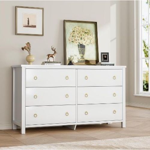 6 Dresser for Bedroom, 47.2" Modern Wide Dresser with Storage, Wooden Closet Dressers Chest of Drawers Freestanding for Bedroom White