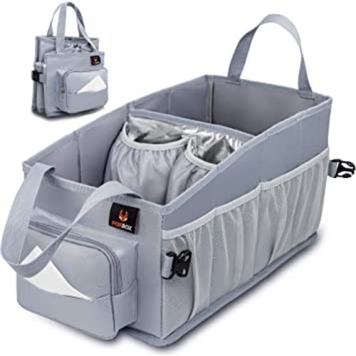 Easy-to-Reach Kids Car Organizer with Tissue Box and Cup Holder for Back Seat, Front Seat, Between Seats, Floor - Tote Car Storage Organization for Toddlers - Kids Road Trip Travel Essentials (Grey)