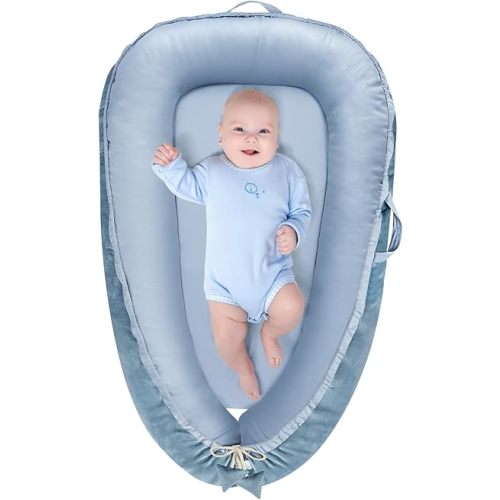 Baby Lounger - Baby Lounger for Newborn 0-24 Months, Breathable & Soft Cotton and Velvet Cover Co Sleeping Baby Nest, Baby Essentials & Shower Gifts, Portable Infant Lounger for Home and Travel