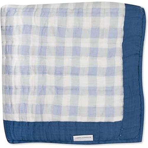 HonestBaby Hand-Quilted Baby Blanket Reversible 100% Organic Cotton for Infant Boys, Girls, Blue Ticking Stripe, One Size