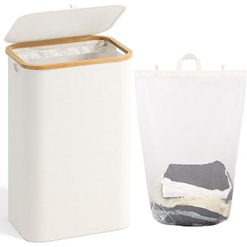 100L Laundry Hamper with Lid, Large Laundry Basket with Bamboo Handles, Clothes Hampers for Laundry with Removable Bag, Dirty Clothes Hampers for Bedroom Aesthetic, Beige