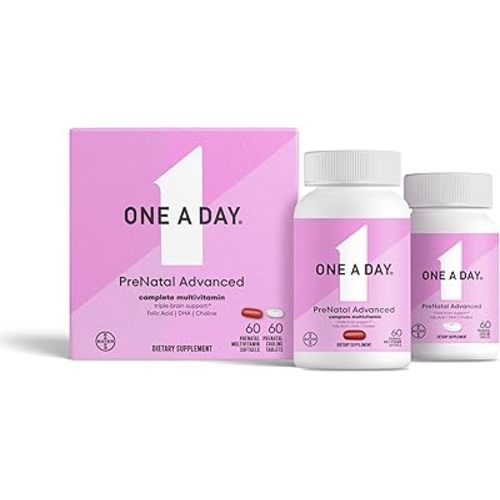 ONE A DAY Women’s Prenatal Advanced Complete Multivitamin with Brain Support* with Choline, Folic Acid, Omega-3 DHA & Iron for Pre, During & Post Pregnancy, 60+60 Ct (120 Total) (Packaging May Vary)