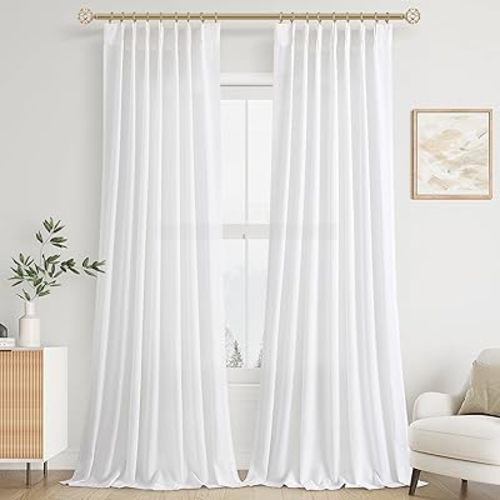 White Pinch Pleated Linen Curtains 96 Inches Long 2 Panels for Living Room Bedroom Cotton Light Filtering Semi Sheer 96 Inch Curtains Ceiling Floor Off White Pinch Pleat Drape with Hooks for Track
