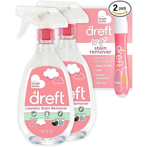 Dreft Stain Remover for Baby Clothes, Fragrance Free and Hypoallergenic Baby Stain Remover Spray Plus Travel Size Stain Treater Pen, 24 Fl Oz ( Pack of 2 + Stain Pen)