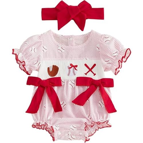 Newborn Baby Girl Baseball Clothes Baseball Embroidery Smocked Bubble Romper Short Sleeve Striped Bodysuit Headband