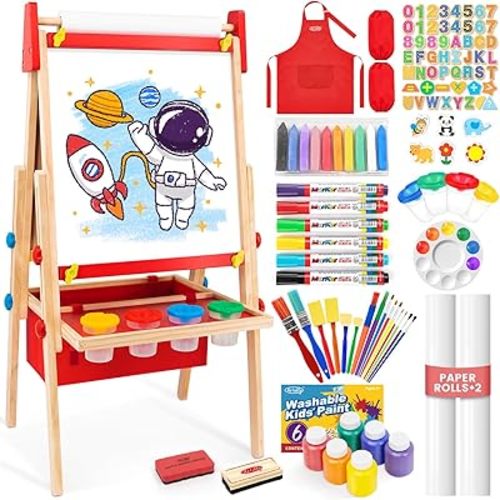 Art Easel for Kids Easel, Adjustable Wooden Kids Drawing Easel with Magnetic Whiteboard & Chalkboard, Kids Dry Erase Board,Easel for Kids Ages 3 4-8 9-12, Red w/Bag