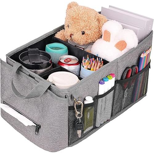 HEYSKAY Car Seat Organizer-Passenger Seat Organizer, Collapsible Small Car Seat Organizer for Console Front/Back, Car Seat Caddy Organizer with 4pc Drink Holders Automotive Backseat Organizer for Kids