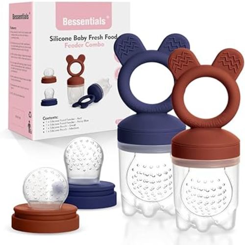 Bessentials Baby Fresh Fruit Food Feeder - 2 Pack Silicone Baby Mesh Feeders for Infant Safe Self Feeding |3 Sizes Food Pouches Included| Suitable for Baby 4m+ (Dark Red & Navy Blue)