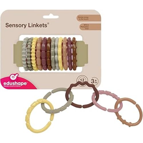 Edushape Sensory Linkets Boho Chic Baby Toy, 12 pieces - Vibrant Colorful and Unique Textured Linking Toys - Enhances Cognitive Development, STEM, Fine Motor Skills, Tactile Senses for Kids of Any Age